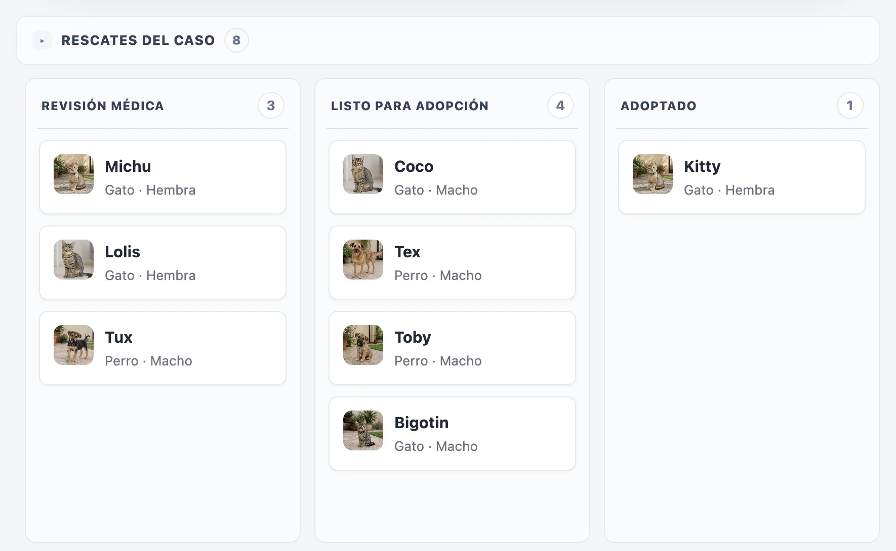 Tablero Kanban real de un caso de rescate en QuickyTail Shelter