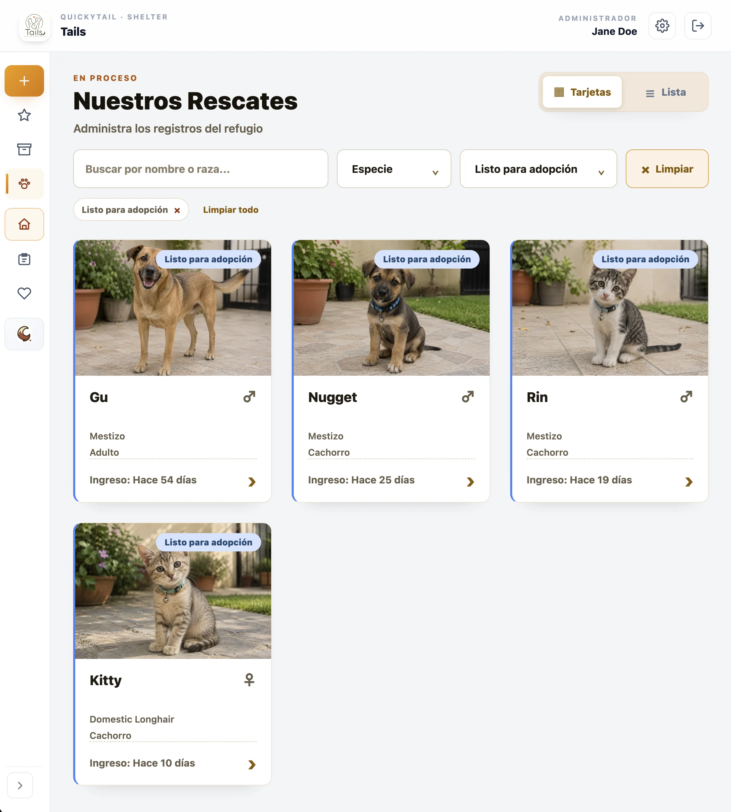 Panel real de QuickyTail Shelter con mascotas listas para adopción